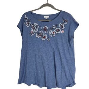 J. Jill Women’s Small Blue Floral Embroidered Top 100% Cotton Boho Casual Tee